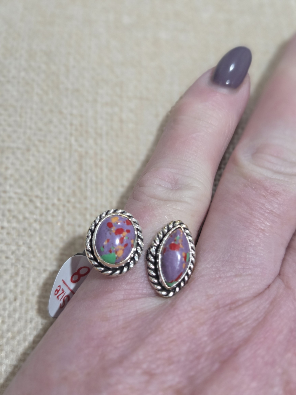 Sterling-Style Purple Charoite Turquoise Bypsss Inlay Ring Set - Picture 3 of 3